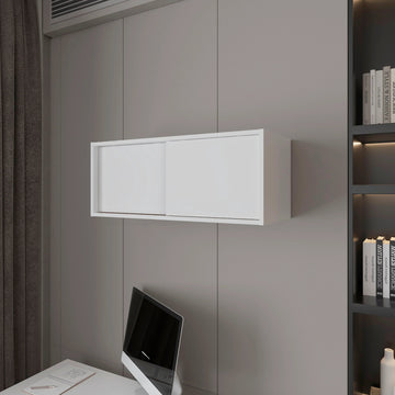 White Floating Cabinet With Sliding Door Wall Mounted 1 2 Shelves White Primary Living Space Sliding Doors Modern Particle Board