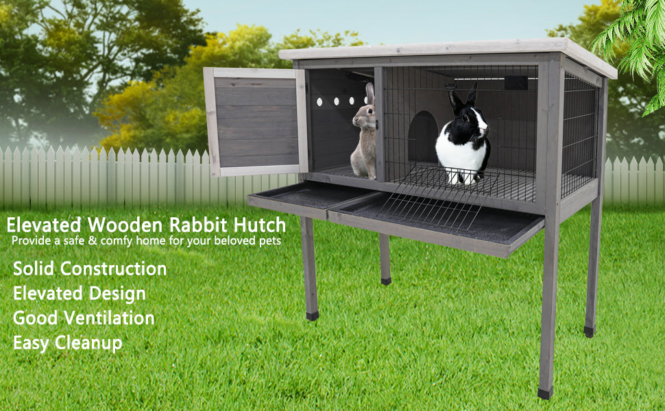 48"Wood Rabbit Hutch, Indoor Outdoor Bunny Cage With Roof And Removable Tray, Chicken Coop With Lockable Door, Guinea Pig Cage, Small Animal Houses & Habitats Grey Gray Solid Wood