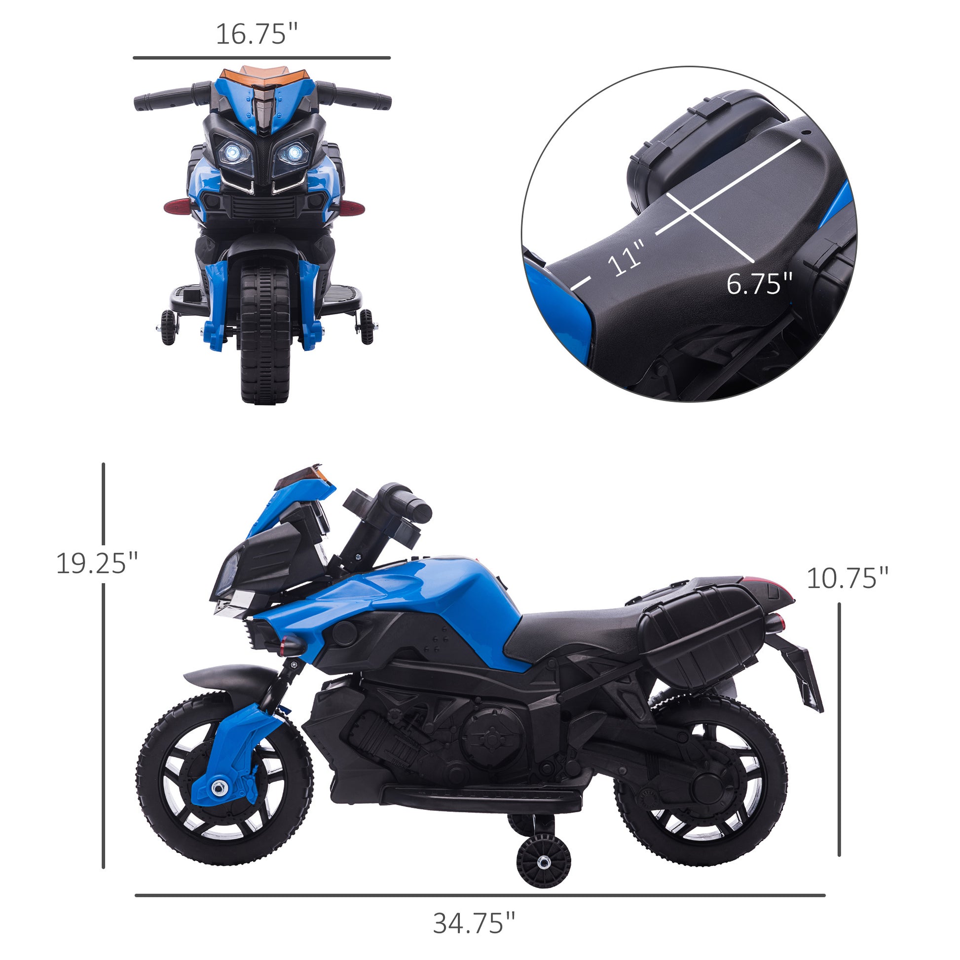 Aosom 6V Electric Motorcycle For Kids, Dirt Bike, Battery Powered Ride On Toy Off Road Street Bike With Pedal, Headlights, And Training Wheels, Blue Blue Iron Plastic