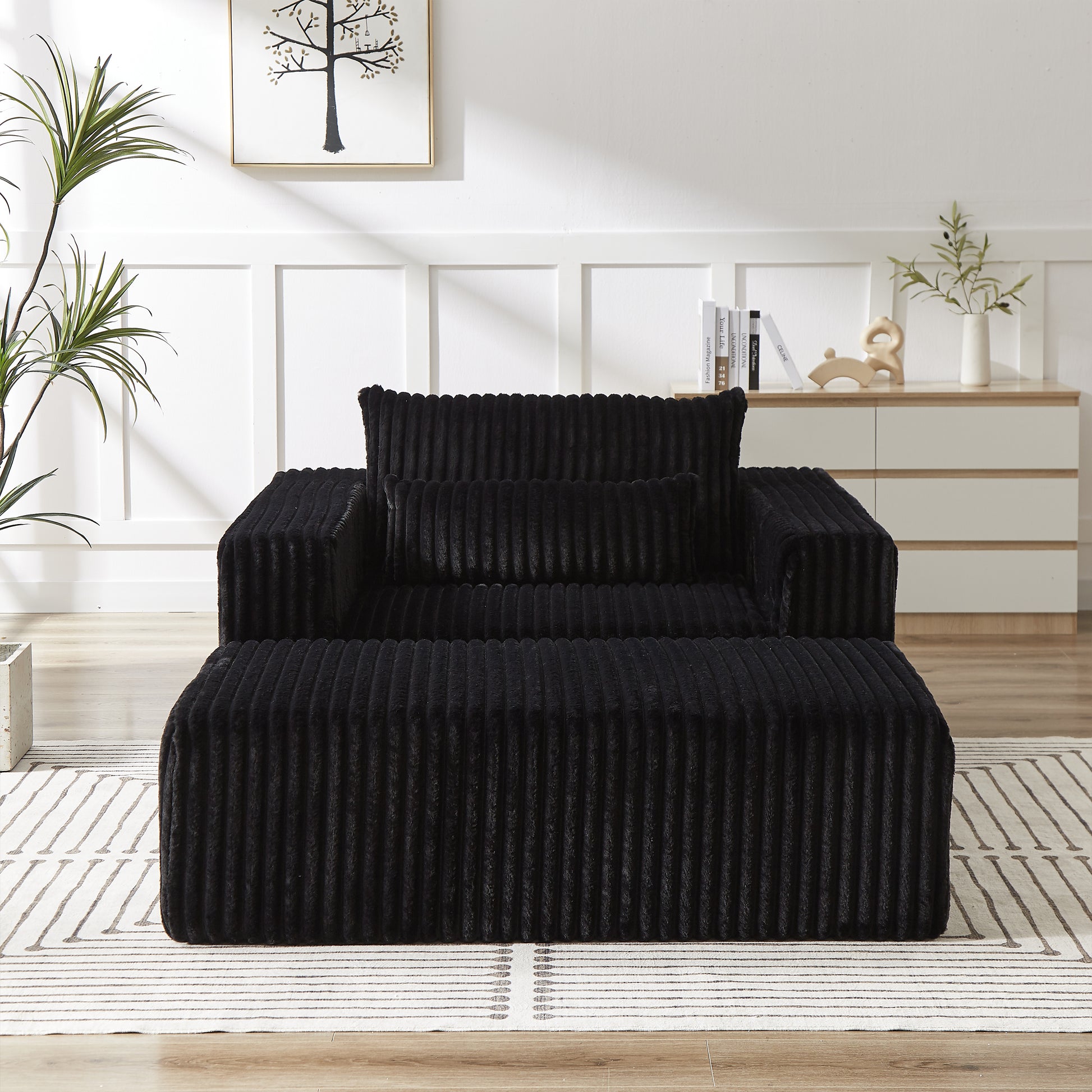 75 Inch Corduroy Sponge Sofa Lounge Chair With Removable Footrest,No Assembly Required,Fluffy Modern Sleeper Chair For Indoor Living Room Bedroom Black Foam Corduroy 1 Seat