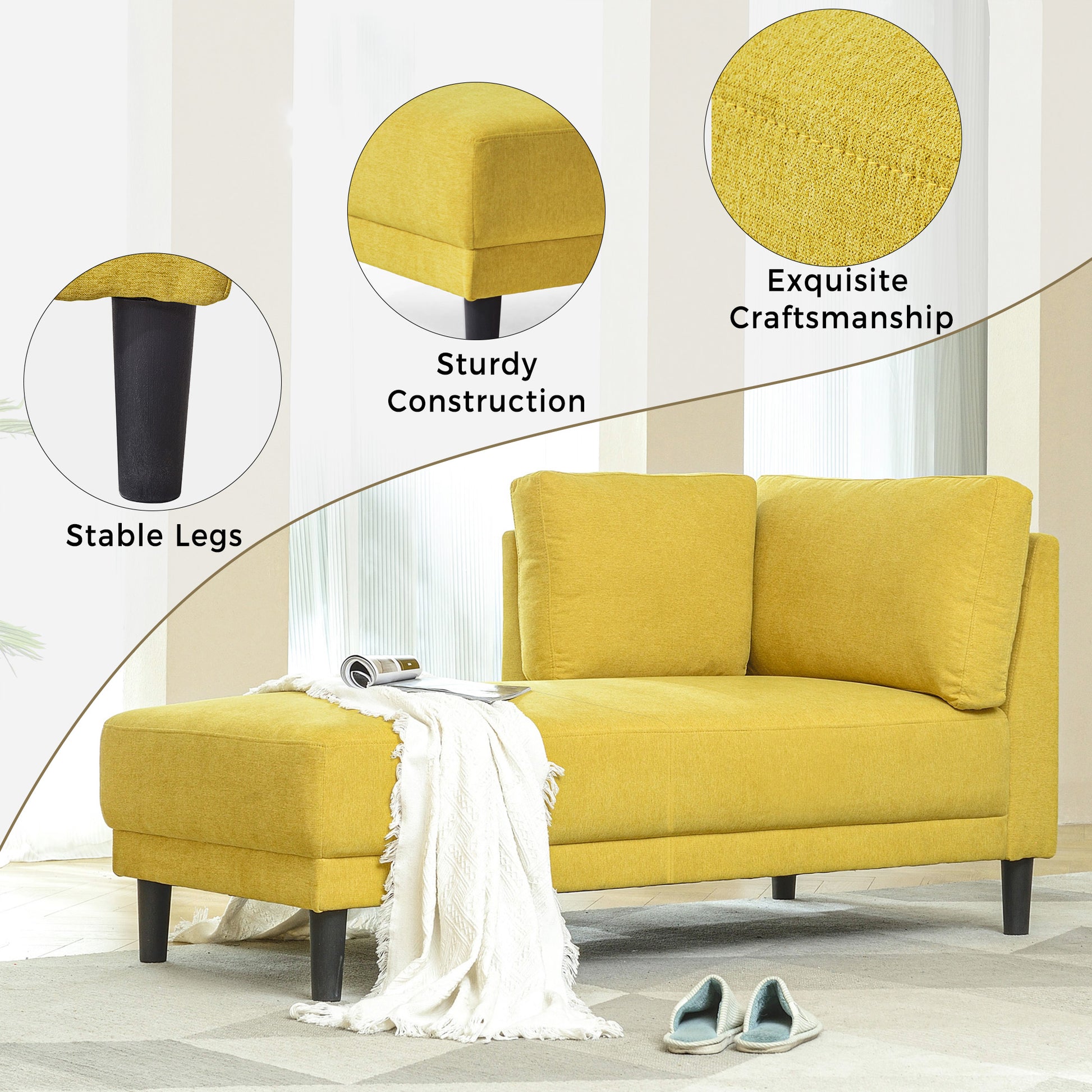 Video 65" Mid Century Modern Linen Fabric Corner Lounge Chair, Upholstered Indoor Chaise Lounge,Sleeper Sofa Bed,Leisure Sofa Recliner For Bedroom,Office,Small Living Room & Apartment,3 Colors Yellow Fabric Fabric