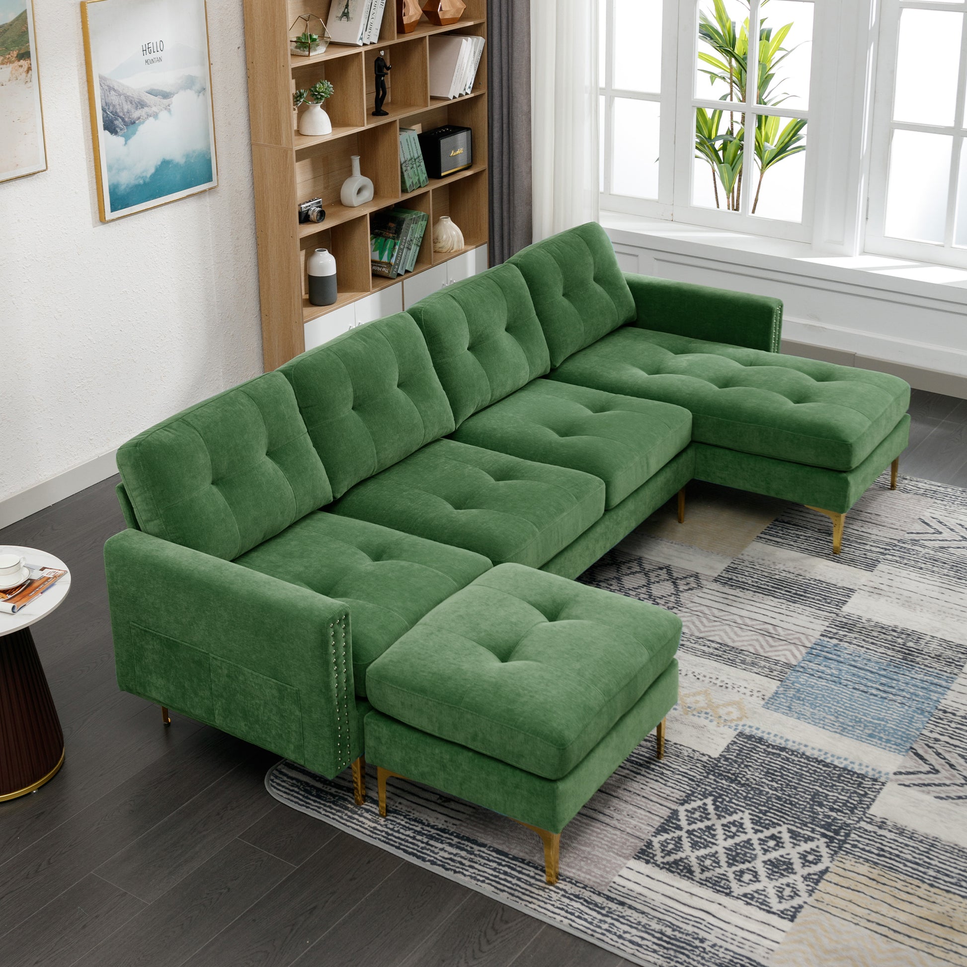 110" L Shape Convertible Sectional Sofa Couch With Movable Ottoman For Living Room, Apartment, Office, Green Green Foam Velvet 4 Seat