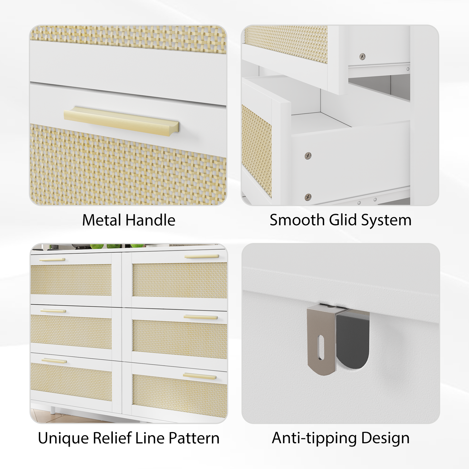 White Rattan 6 Drawers Chest Of Dressers For Bedroom Modern 6 Drawer Dresser, Wide Chest Of Drawers With Gold Handles, Rattan Dresser Storage Cabinet For Living Room, Bedroom, Hallway White American Design,American Traditional,Antique,Casual,Wild Style