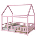 Full Size Floor Wooden Bed With House Roof Frame, Fence Guardrails ,Pink Full Pink Pine