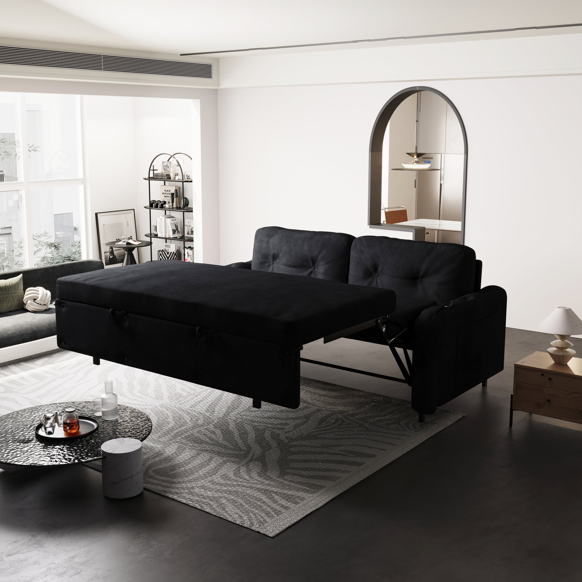 66.2" Queen Pull Out Sofa Bed, Hydraulic System Convertible Sleeper Sofa With Storage And 2 Soft Pillows, Tufted Button Upholstered Couch,Multi Functional Velvet Loveseat Bed,Black Black Velvet 2 Seat