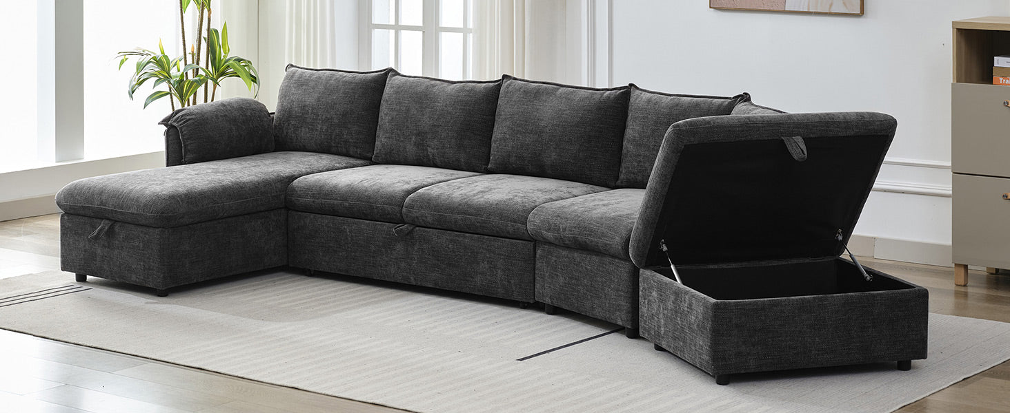 146.9" L Shaped Sofa Sectional Sofa Couch Pull Out Sofa Bed With A Movable Storage Ottoman, A Storage Chaise Lounge And Two Usb Ports For Living Room, Grey Grey Foam Linen 5 Seat