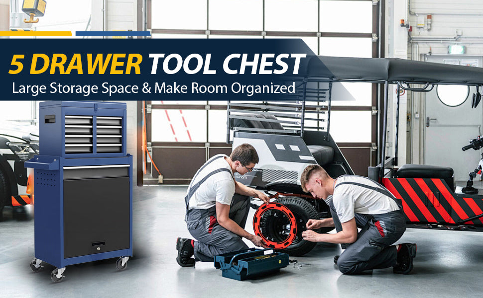 Tool Chest,5 Drawer Rolling Tool Storagecabinet With Enhanced Packaging, Detachabletop Tool Box, Metal Tool Cart For Garageworkshop Blue Gray Iron