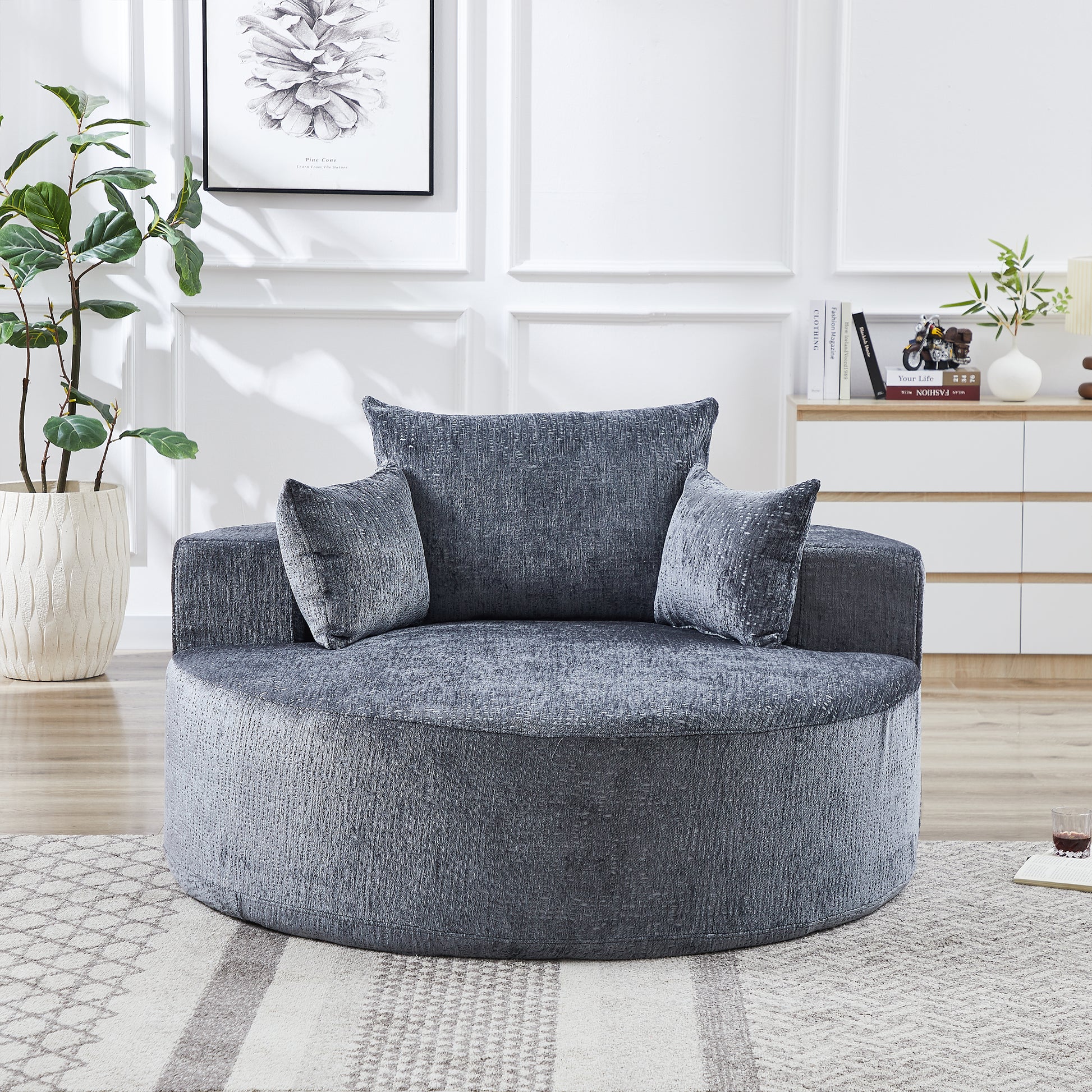 55''L Chenille Sponge Single Sofa,No Assembly Required,Fluffy Modern Sleeper Chair For Living Room, Bedroom, Lounge And Projection Room Not A Swivel Chair. Grey Foam Chenille 1 Seat