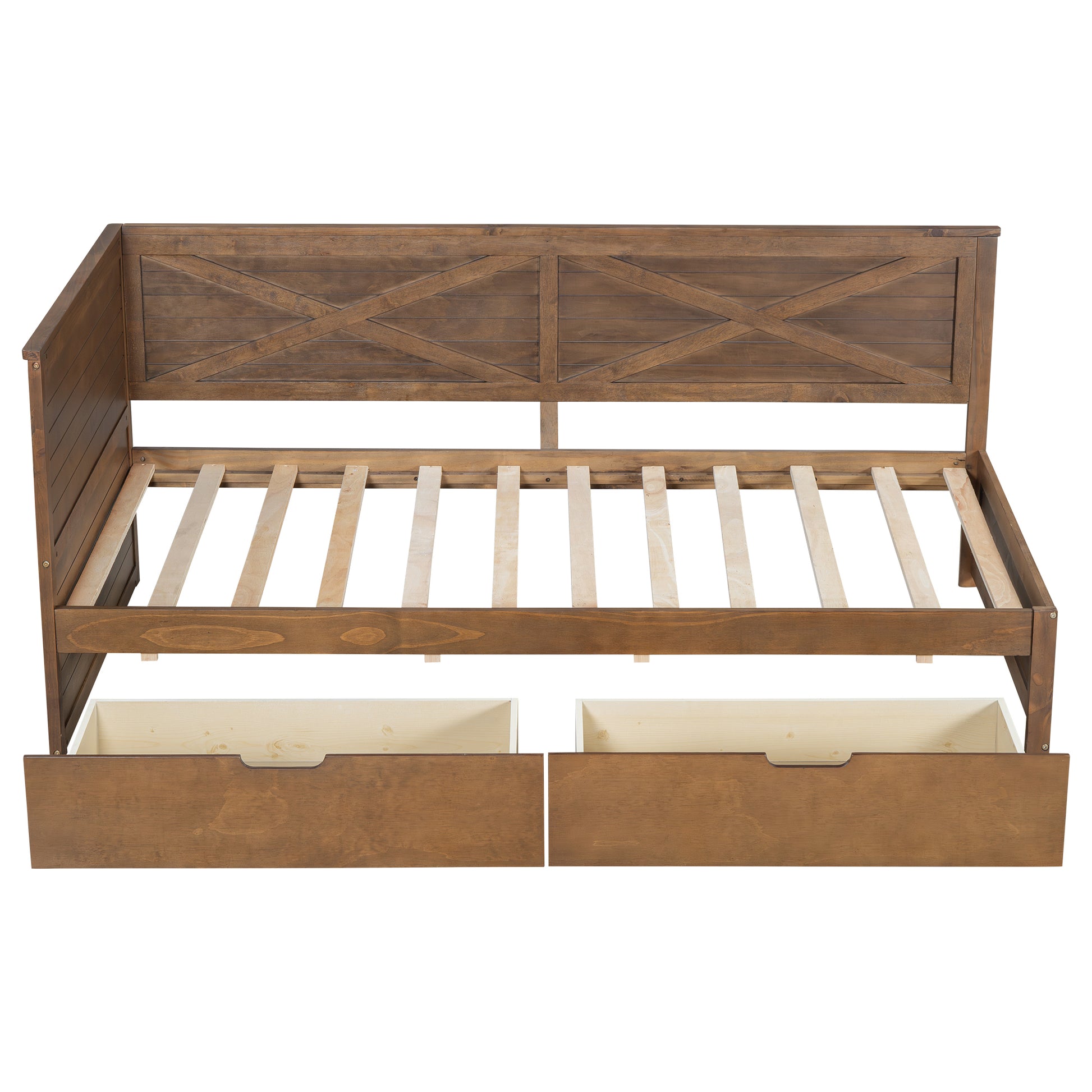 Twin Size Wood Daybed With 2 Drawers And Rustic Guardrail, Ancient Brown Expected Arrival Time: 8.28 Box Spring Not Required Twin Brown Wood Daybeds Solid Wood Mdf