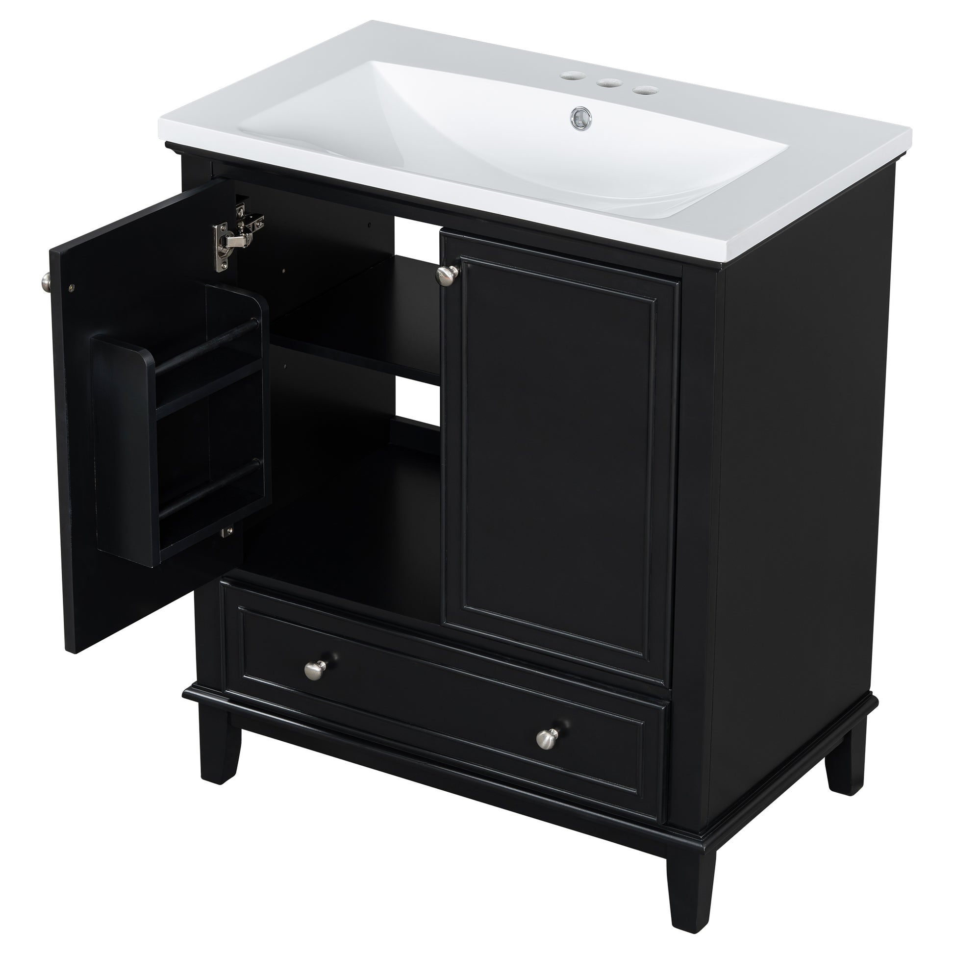 30" Bathroom Vanity With Sink Combo, Multi Functional Bathroom Cabinet With Doors And Drawer, Solid Frame And Mdf Board, Black Black Solid Wood Mdf