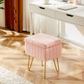 Vanity Stool Chair With Storage, Ottoman Faux Fur Soft Padded Makeup Footstools Seat With 4 Metal Legs Anti Slip Adjustable Feet Modern,Pink Pink Faux Fur