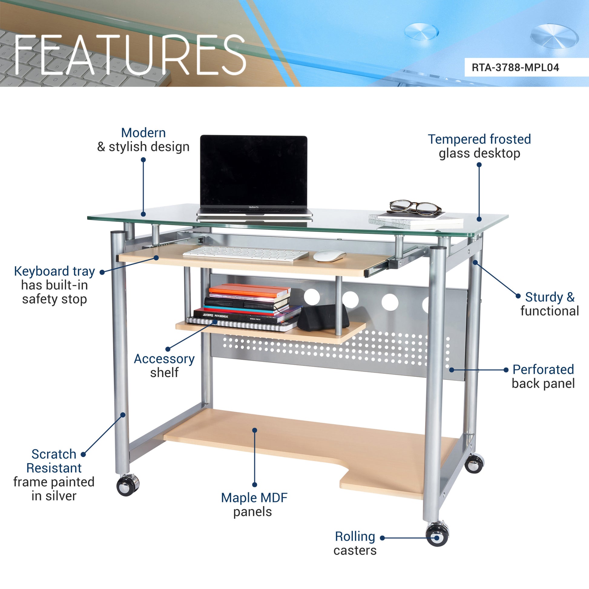 Techni Mobili Rolling Computer Desk, Glass And Silver Silver Keyboard Tray Computer Desk Office Modern Floor Mount Rectangular Rectangular Temptered Glass Stainless Steel Mdf