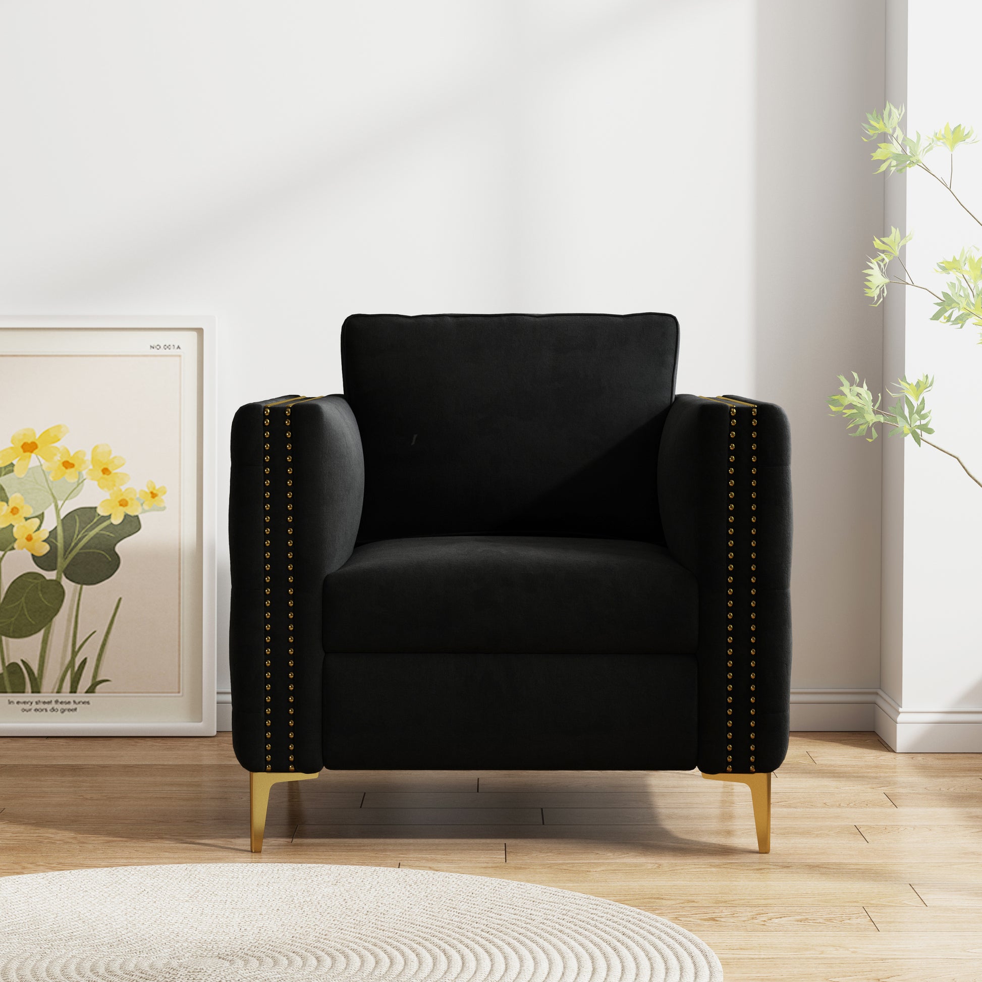 Accent Chair For Living Room Upholstered Arm Chair With Metal Legs Velvet Black Black Foam Fabric