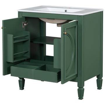 30" Bathroom Vanity With Sink, Two Doors With Shelf, Soft Close Door Hinges, Vintage Style, Green Green Ceramic Mdf,Rubber Wood