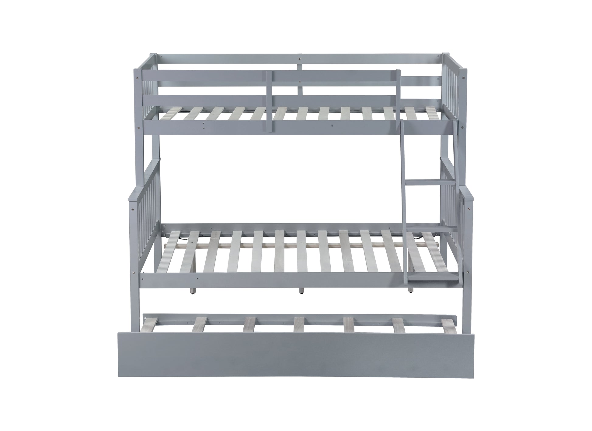 Twin Over Full Rubber Wood Bunk Bed With Trundle, Convertible Ladder And Guardrail, Detachable, Convertible Bed, With Twin Size Trundle ,Grey Twin Grey Rubber Wood