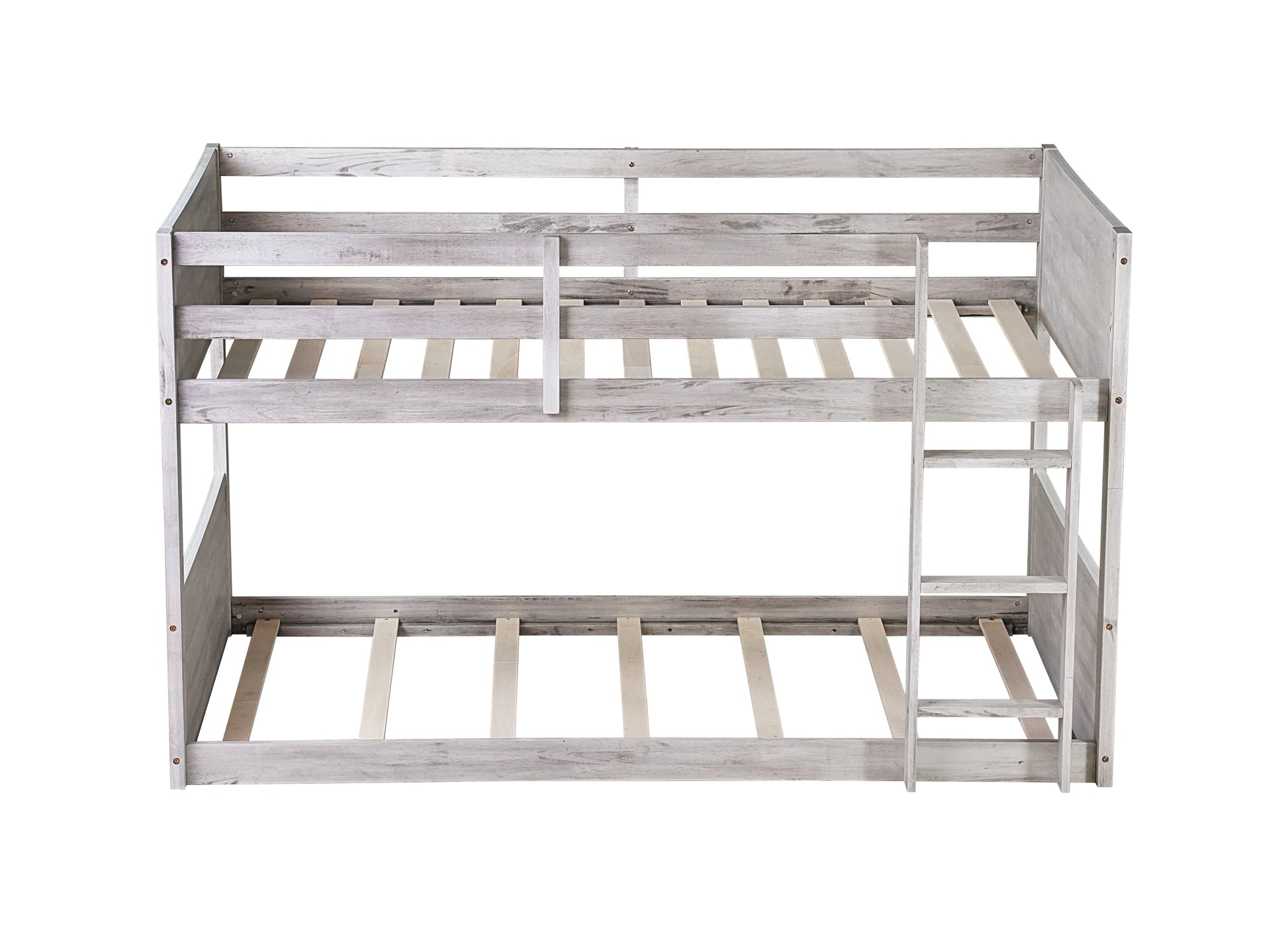Twin Over Twin Floor Bunk Bed With Panelled Headboard And Footboard, Solid Rubber Wood Foundation With Safety Guardrails, Built In Ladder,Antique White Twin Antique White Rubber Wood