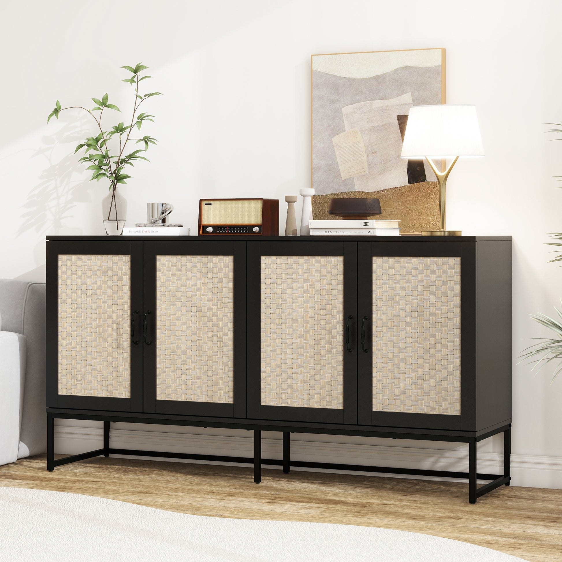 Rattan 4 Door Sideboardsideboard Buffet Storage Cabinet,Accent Storage Cabinetlarge Cabinet With 4 Rattan Decorated Doors For Living Room Dining Room Black Modern Particle Board Mdf