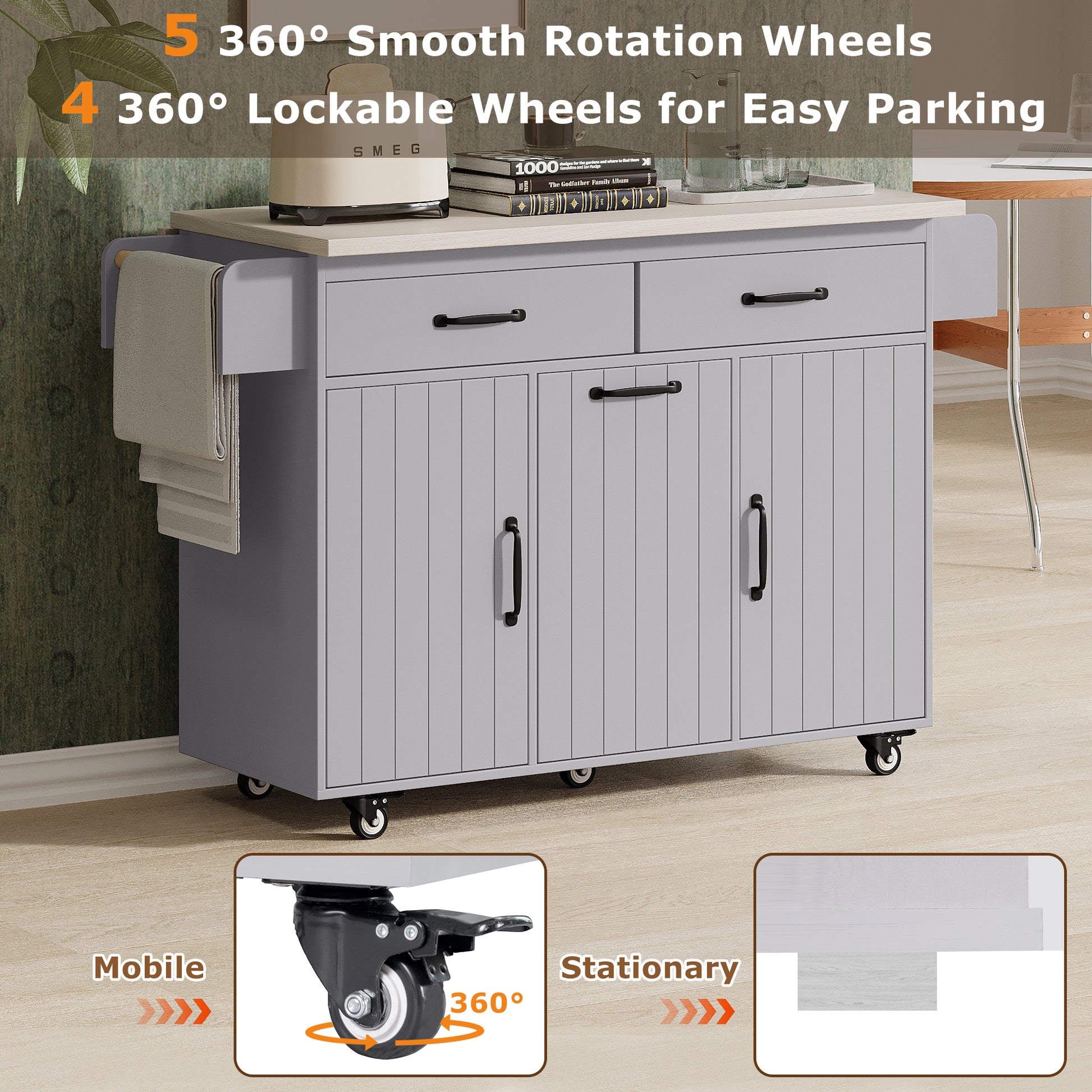 K&K Kitchen Island With Trash Can Storage Cabinet, Kitchen Cart With Drop Leaf, Spice Rack, Towel Rack And Drawer, Rolling Kitchen Island On Wheels With Adjustable Shelf, Grey Grey Gray Kitchen