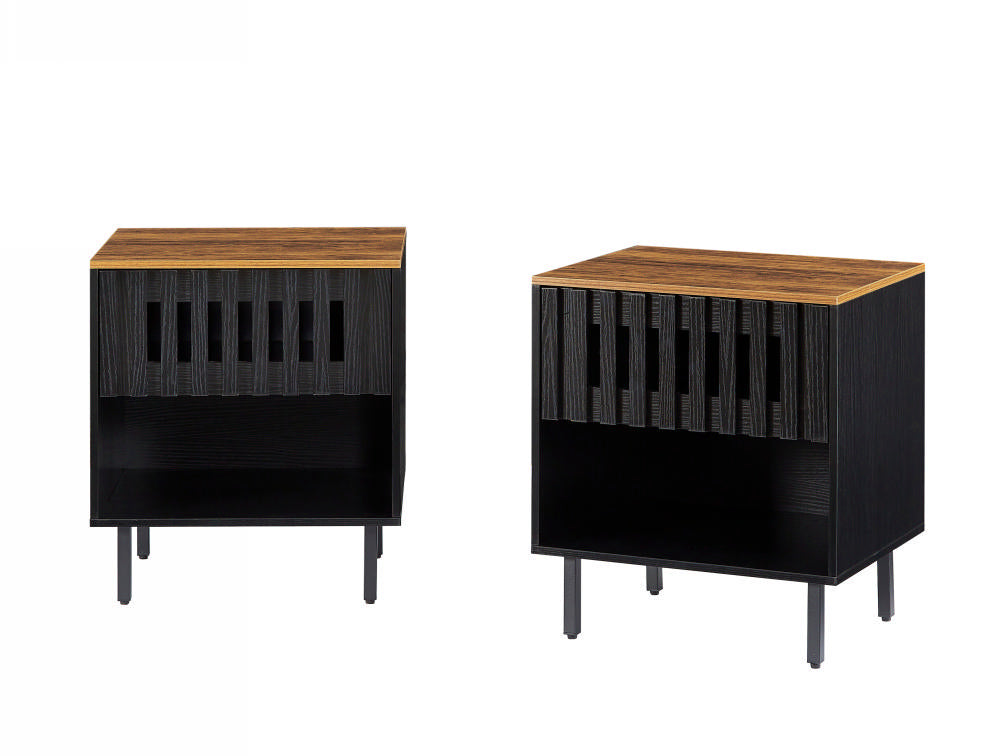 2 Set Nightstands With Grille Striped Doors, Mid Century Modern Nightstand, Bedside Table With Slatted Drawer Decor, End Tables Bedroom With Metal Legs, Night Stand For Bedroom Black Brown Mdf