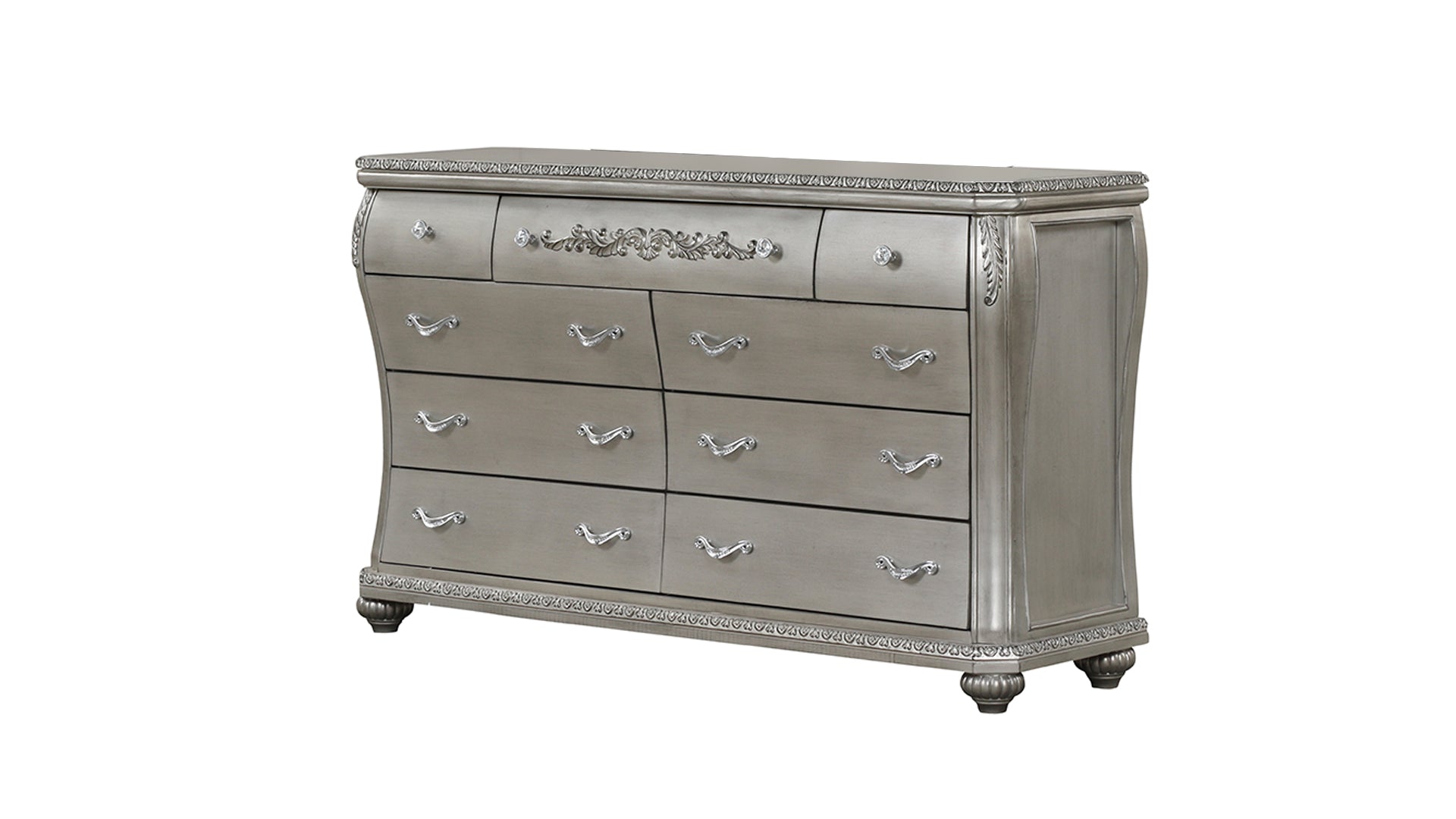 Destiny Traditional Style 9 Drawer Dresser With Metal Drawer Pulls Made With Wood In Silver Silver Bedroom Transitional Acacia Solid Wood Mdf Wood