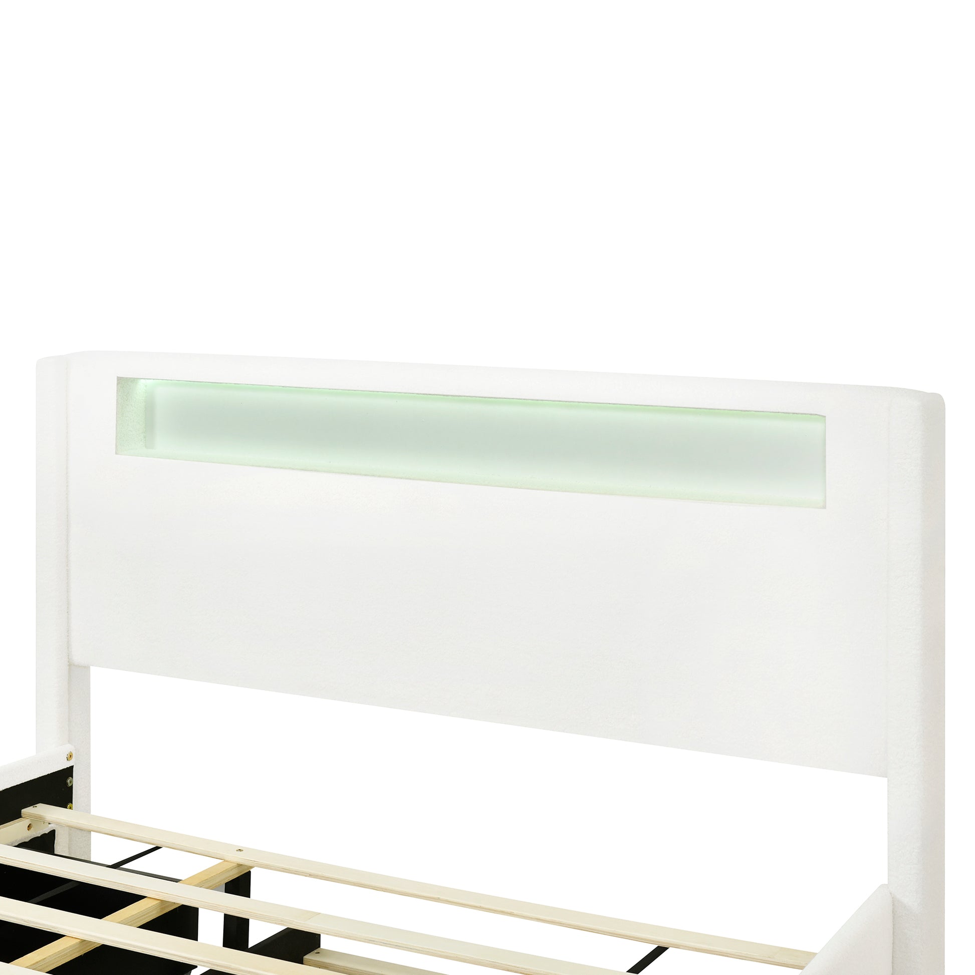 Queen Size Upholstered Platform Bed With Led Frame, With Twin Xl Size Trundle And 2 Drawers, Teddy Fleece, White White Fleece
