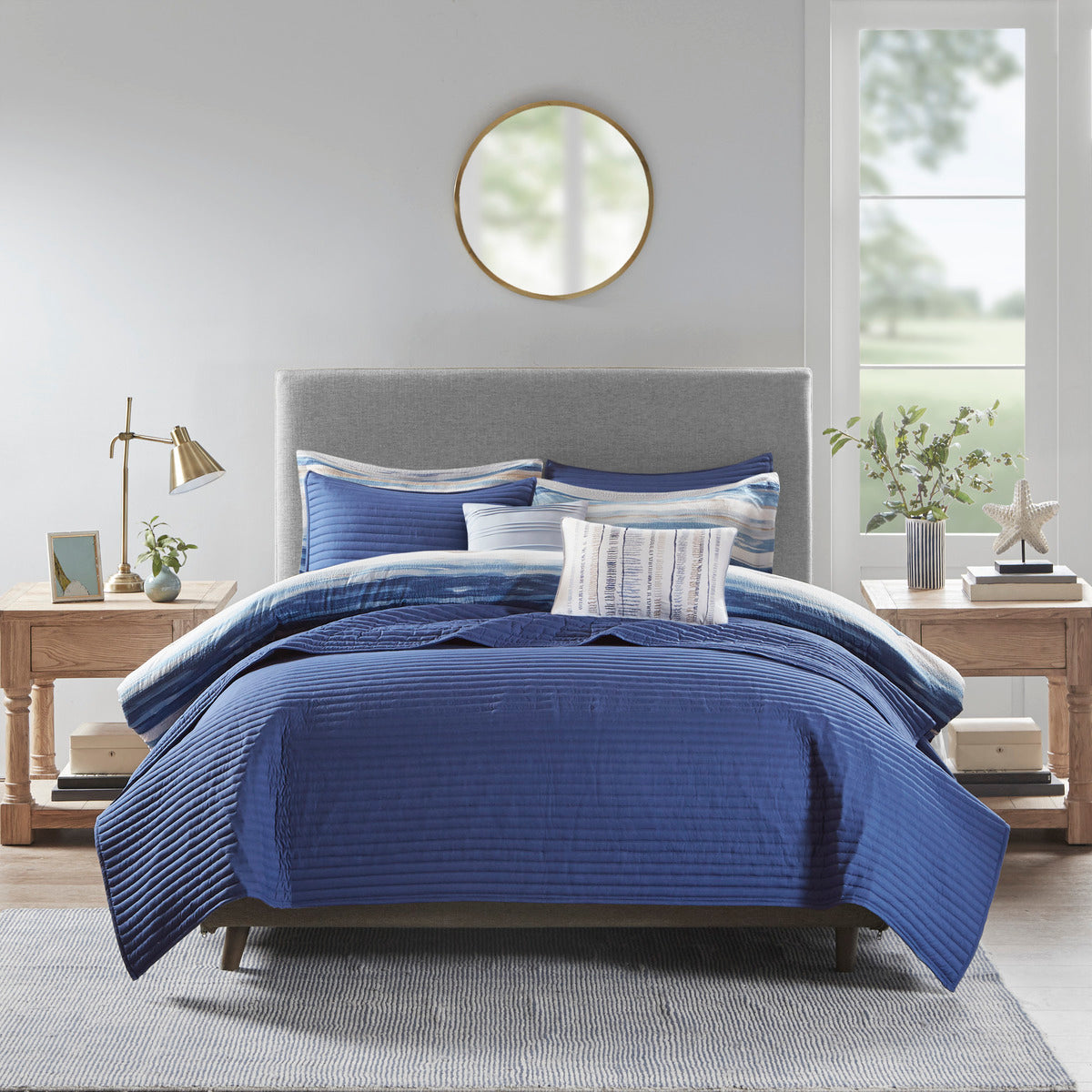 8 Piece Printed Seersucker Comforter And Quilt Set Collection Blue Full Queen Full Blue Polyester