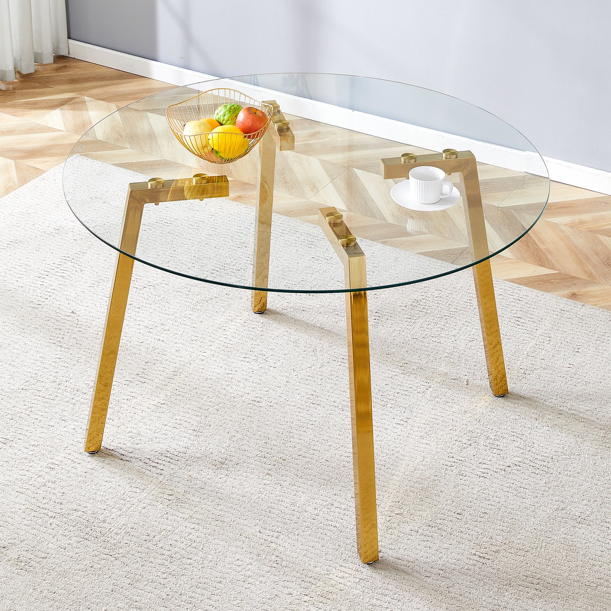 Modern Luxurious Round Tempered Glass Dining Table With Gold 7 Shaped Metal Legs,Suitable For Family Meals, Office Conferences, Or As A Casual Coffee Table For Various Occasions.47.3*47.3*29.5 Gold