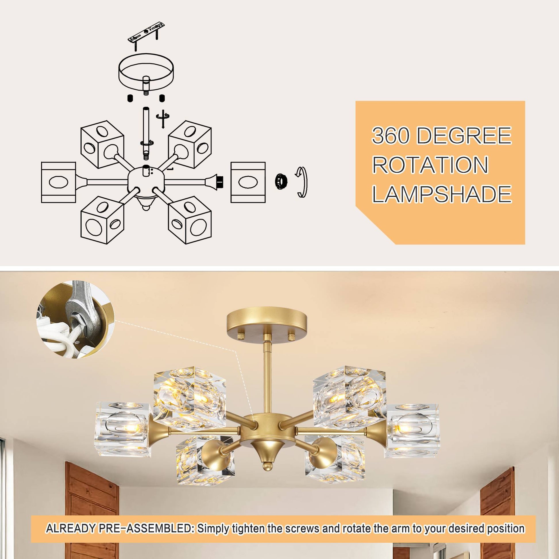 Modern Luxurious Crystal Ceiling Light, 6 Lights G9 Bulb Modern Crystal Ceiling Light For Dining Room, Pendant Lamp Ceiling Lighting For Living Bedroom Hall Balcony Matte Gold Gold American Design,Luxury,Modern,Vintage Metal Crystal