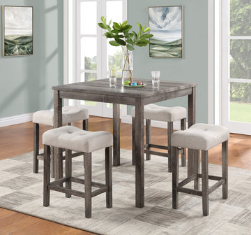 Lucian Brown 5 Piece Counter Height 36" Pub Table Set With Tufted Creamy White Linen Stools Brown Linen