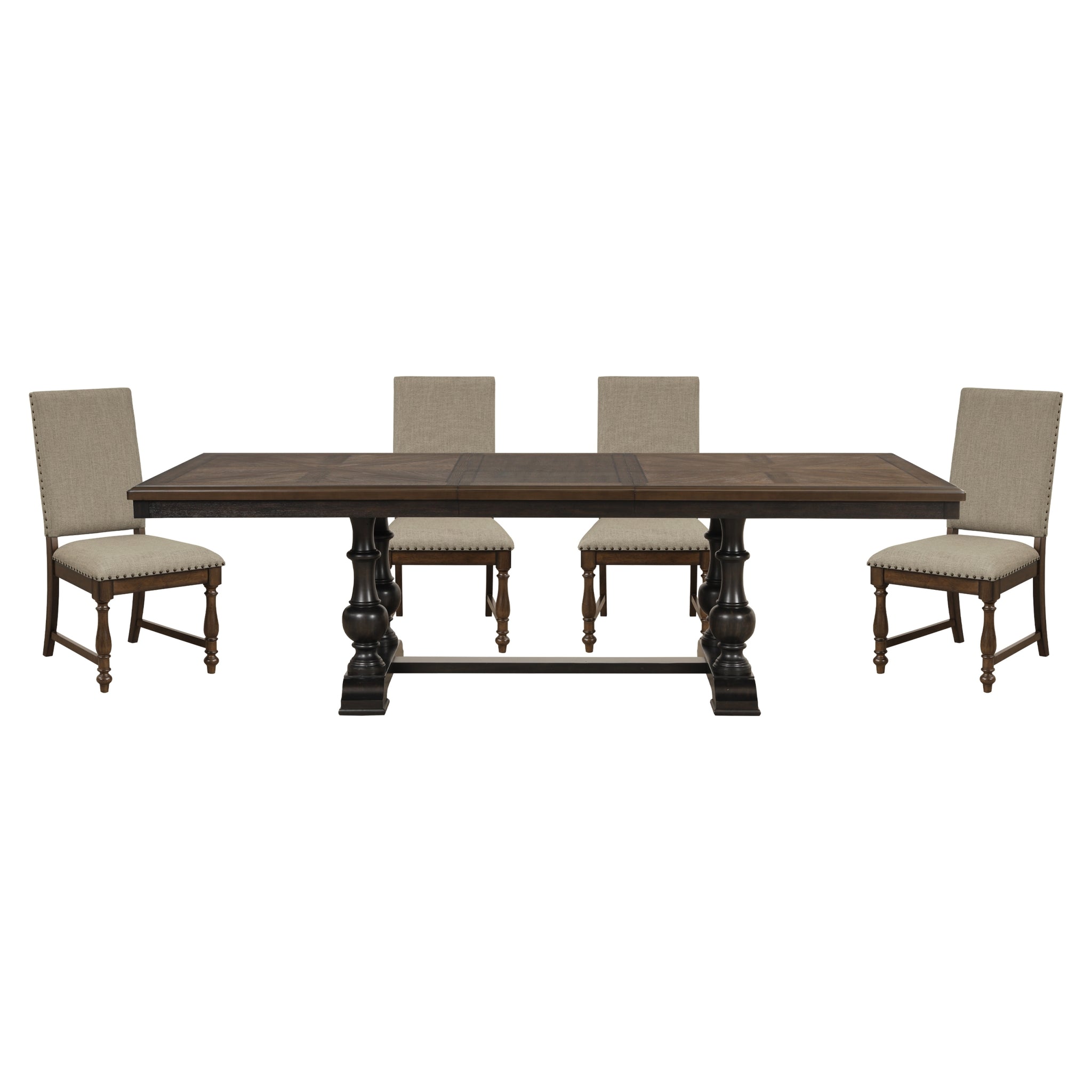 Traditional 5Pc Dining Set Table With Extension Leaf And 4 Side Chairs Beige Fabric Upholstered Trim Brown Classic Dining Room Furniture Wood Wood Brown Mix Seats 4 Wood Dining Room Self Storing Leaf Extendable Traditional Trestle Rectangular Dining