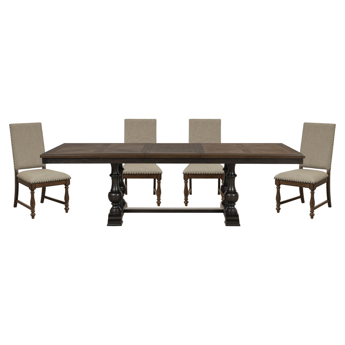 Traditional 5Pc Dining Set Table With Extension Leaf And 4 Side Chairs Beige Fabric Upholstered Trim Brown Classic Dining Room Furniture Wood Wood Brown Mix Seats 4 Wood Dining Room Self Storing Leaf Extendable Traditional Trestle Rectangular Dining