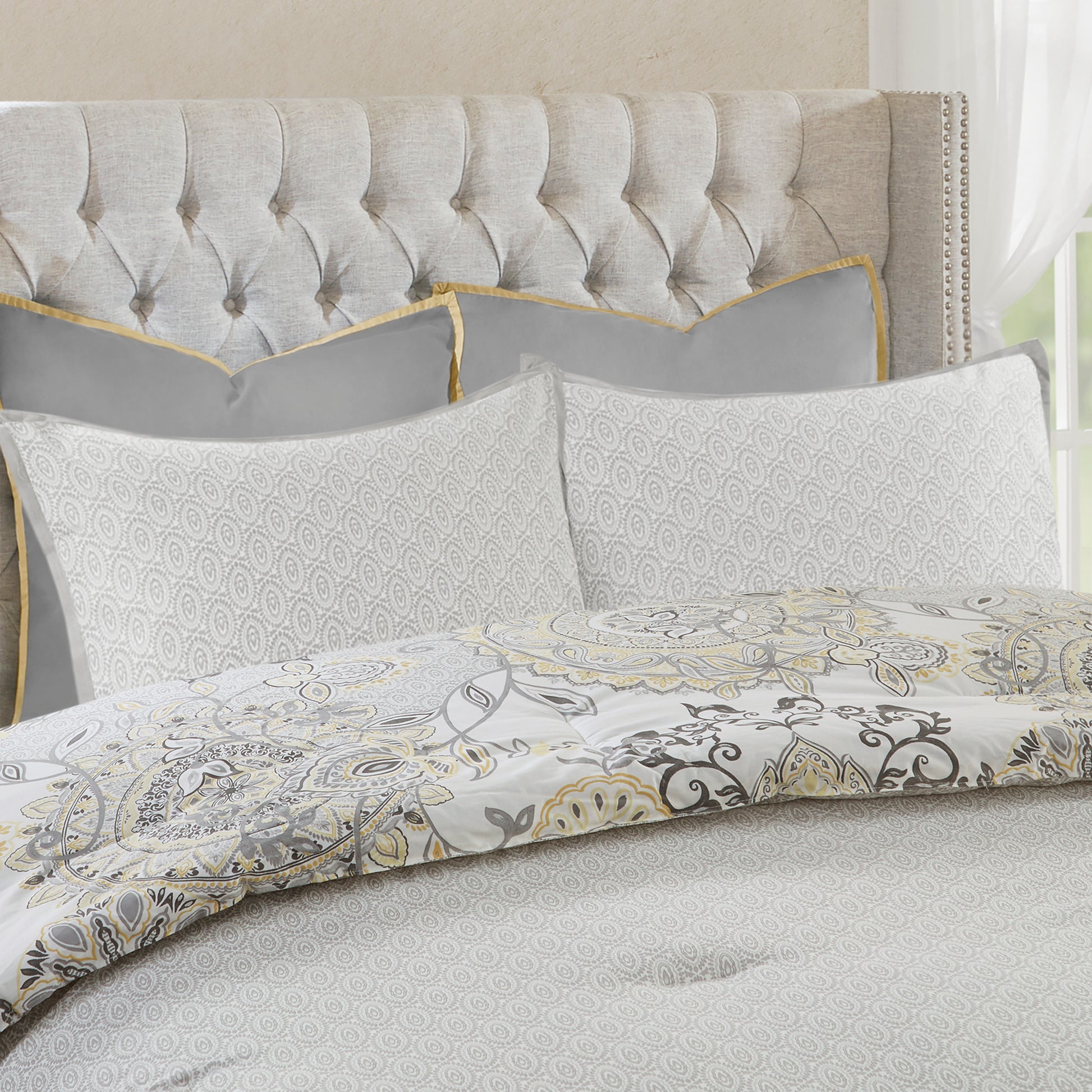8 Piece Cotton Floral Printed Reversible Comforter Set Yellow Queen Queen Yellow Cotton