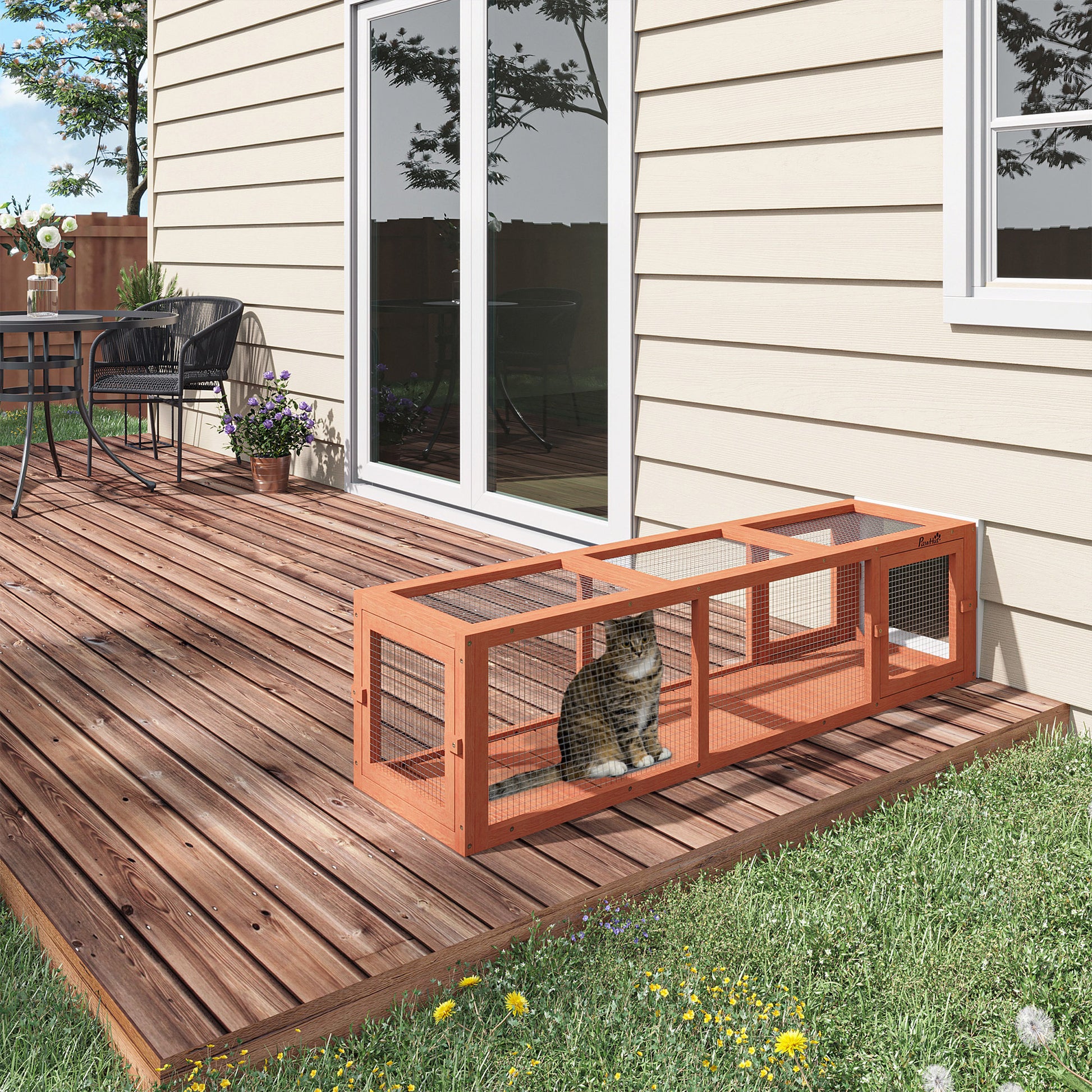 Pawhut Outdoor Cat Tunnel With Extendable Design, 59" L Wooden Cat Run With Weather Protection, Connecting Inside And Outside, For Deck Patios, Balconies, Orange Orange Wood