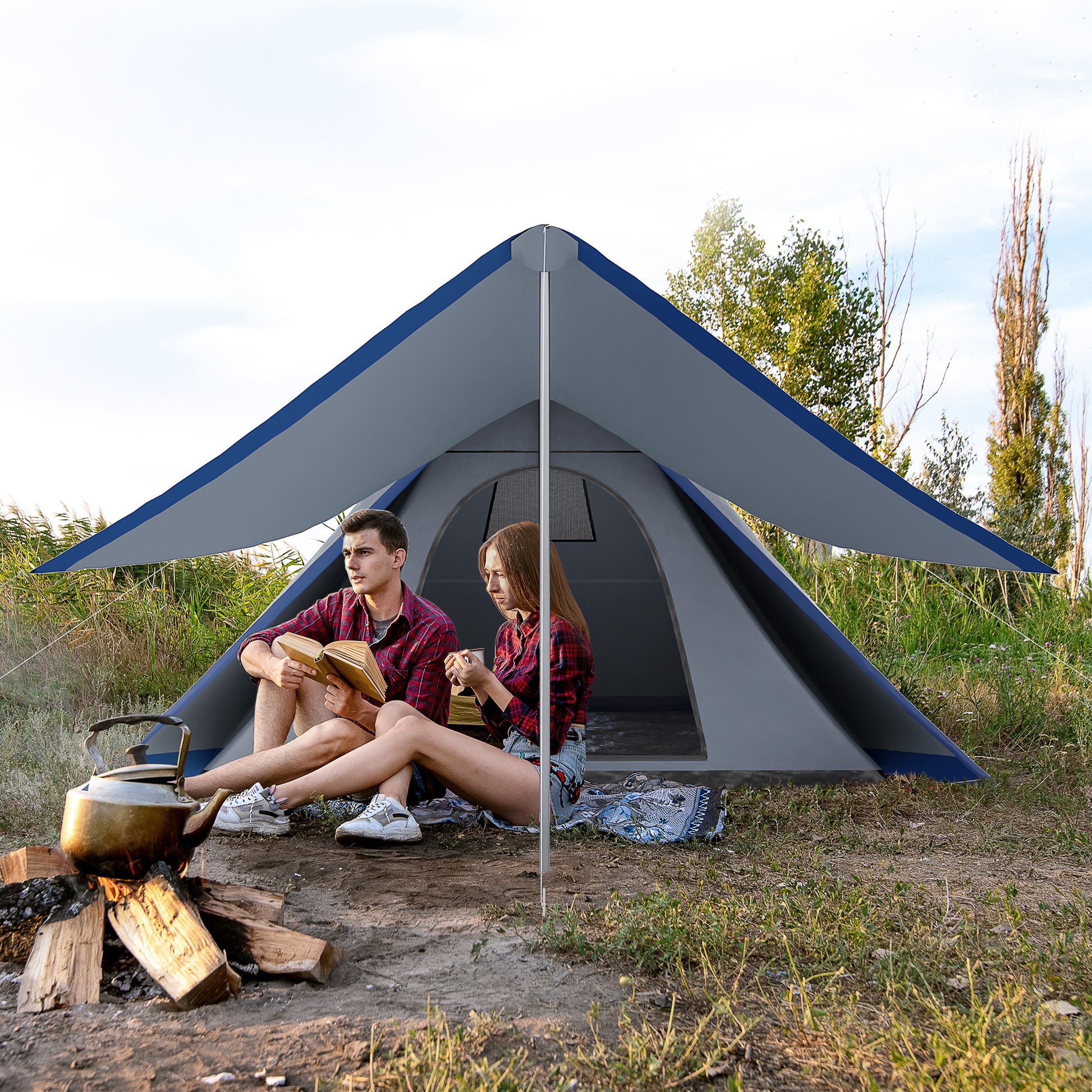 Outsunny 15.4'X15.4'X8.5' Teepee Tent, Waterproof Camping Tent With Porch Area, Floor And Carry Bag, For 2 3 Person Outdoor Backpacking Camping Hiking, Blue Blue Aluminum