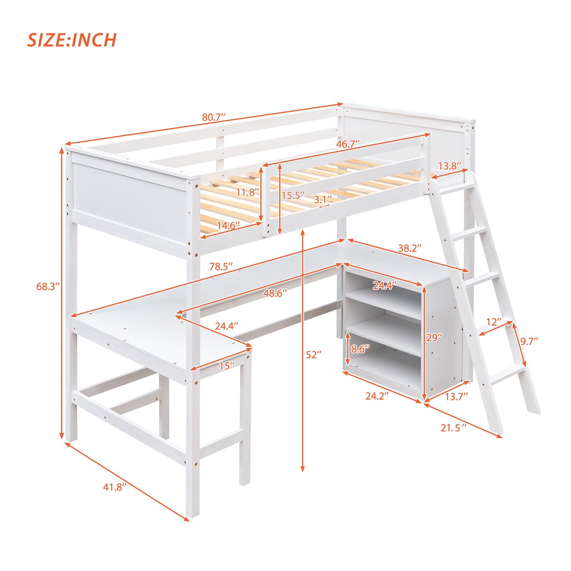 Twin Size Loft Bed With Shelves And Desk, Wooden Loft Bed With Desk White Old Sku:Lt000537Aak Twin White Solid Wood