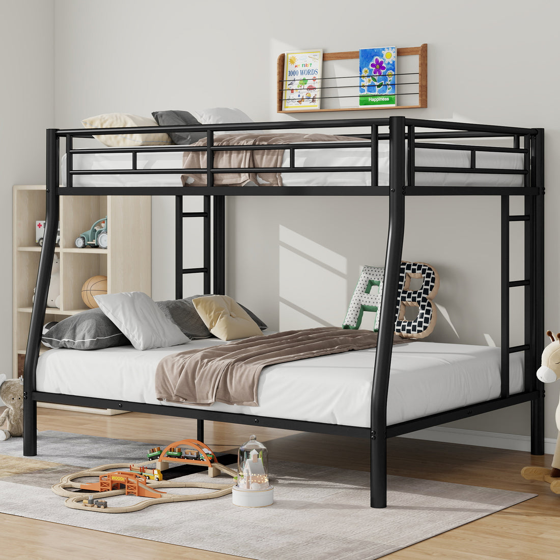 Full Xl Over Queen Metal Bunk Bed With Ladder And Guardrails, Black Expected Arrival Time: 9.7 Box Spring Not Required Full Xl Black Metal Metal