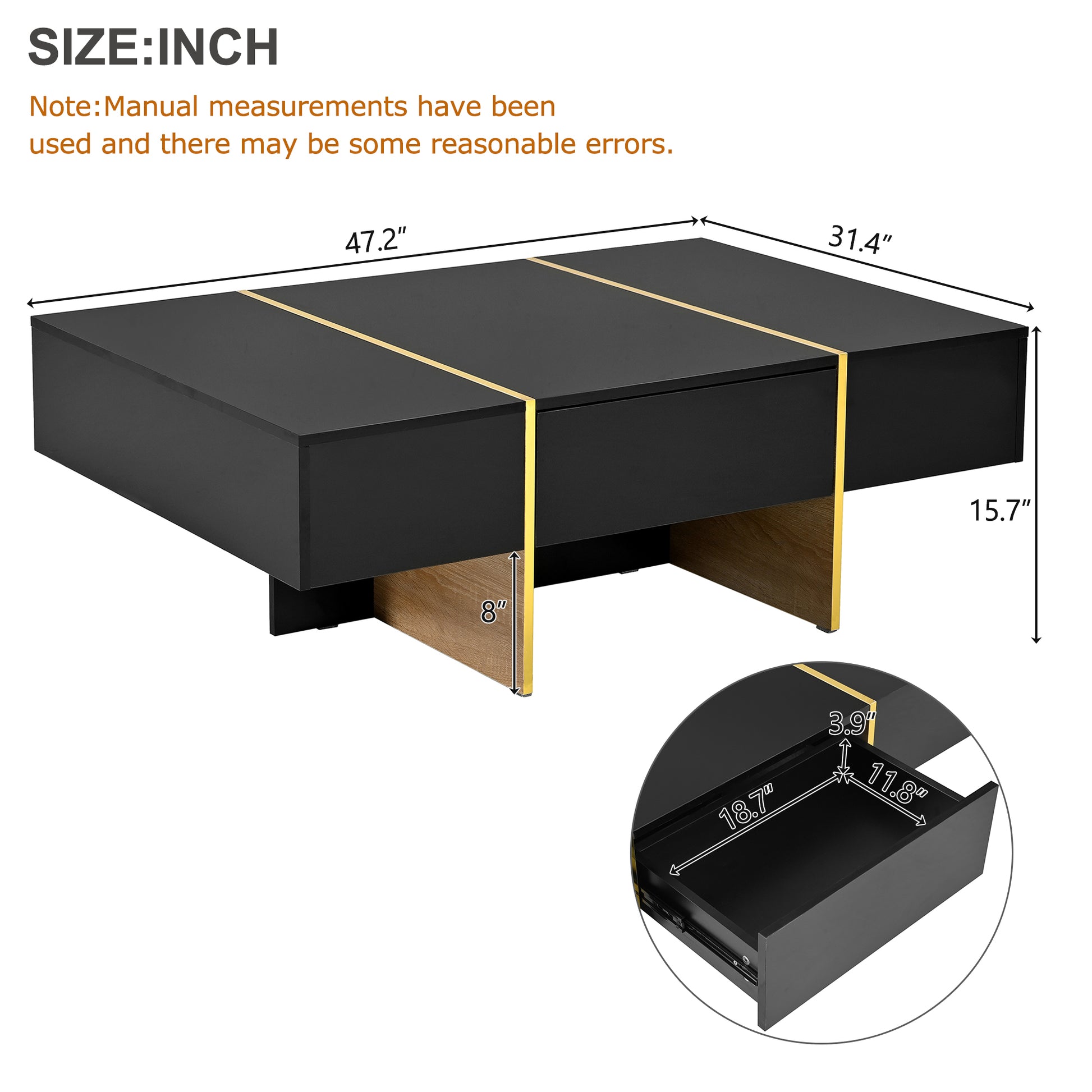 47.2'' X 31.4''Minimalist High Gloss Coffee Table With 2 Drawers, Multi Storage Rectangle Sofa Table With Golden Wood Grain Legs, Modern Center Table For Living Room, Black Black Particle Board Mdf