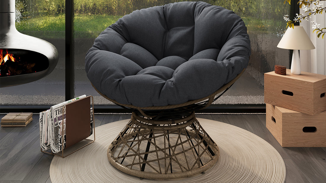 40" Ergonomic Wicker Chair With Cloud Thick Density Fabric Cushion,3 Proof Cover,High Capacity Iron Frame,Fluid 360 Degree Swivel For Reading,Living Room, Bedroom,Lounge,Brown Base,2 Colors