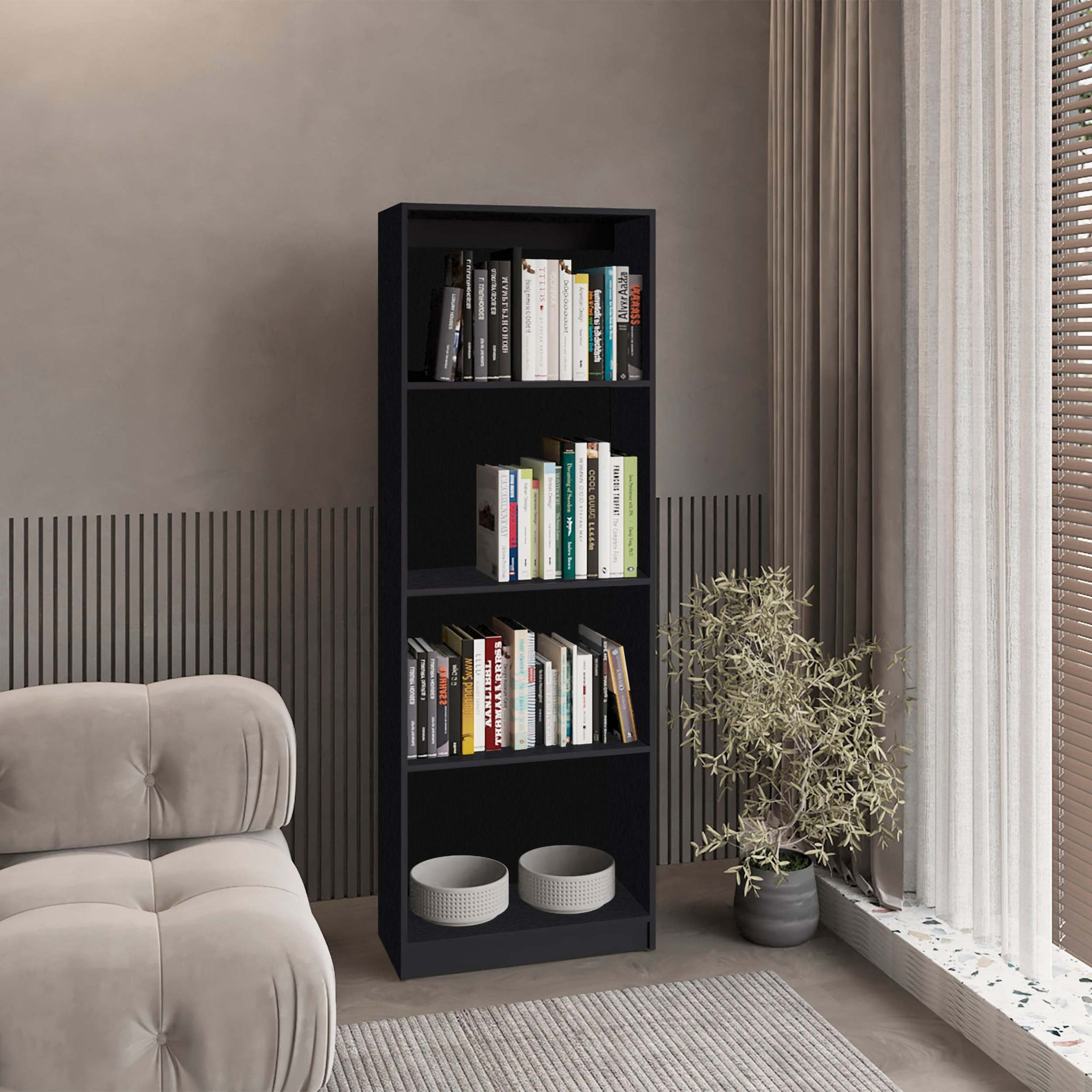 Black Tier Storage Shelves Bookcase 4 Black Standard Horizontal Primary Living Space Closed Back Wood Wood