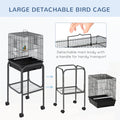 Pawhut 45 Inch Metal Indoor Bird Cage, Parrot Cage, Bird Aviary With Detachable Rolling Stand, Storage Basket, And Accessories Black Black Metal