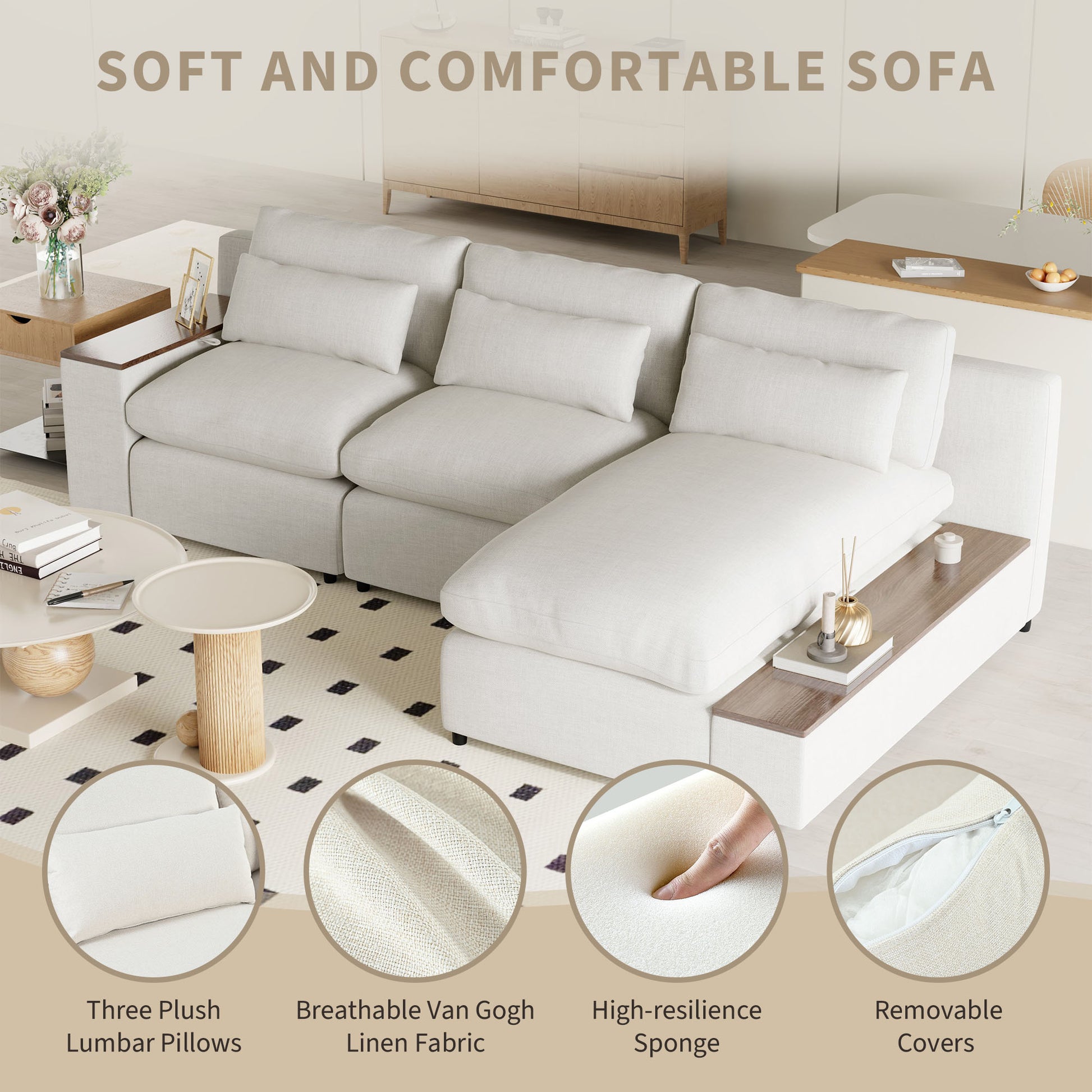 L Shaped Modular Sectional Sofa With Removable Back Cushions,3 Pillows And 2 Storage Spaces,Suitable For Living Rooms,Offices And Apartments Beige Polyester 3 Seat