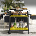 Outsunny Outdoor Bar Cart With Stainless Steel Tabletop, Kitchen Island With Wheels, 2 Tiers & Seasoning Shelf, Patio Serving Cart With Hooks, Towel & Garbage Bag Holder, Plates & Spice Jars, Black Black Steel