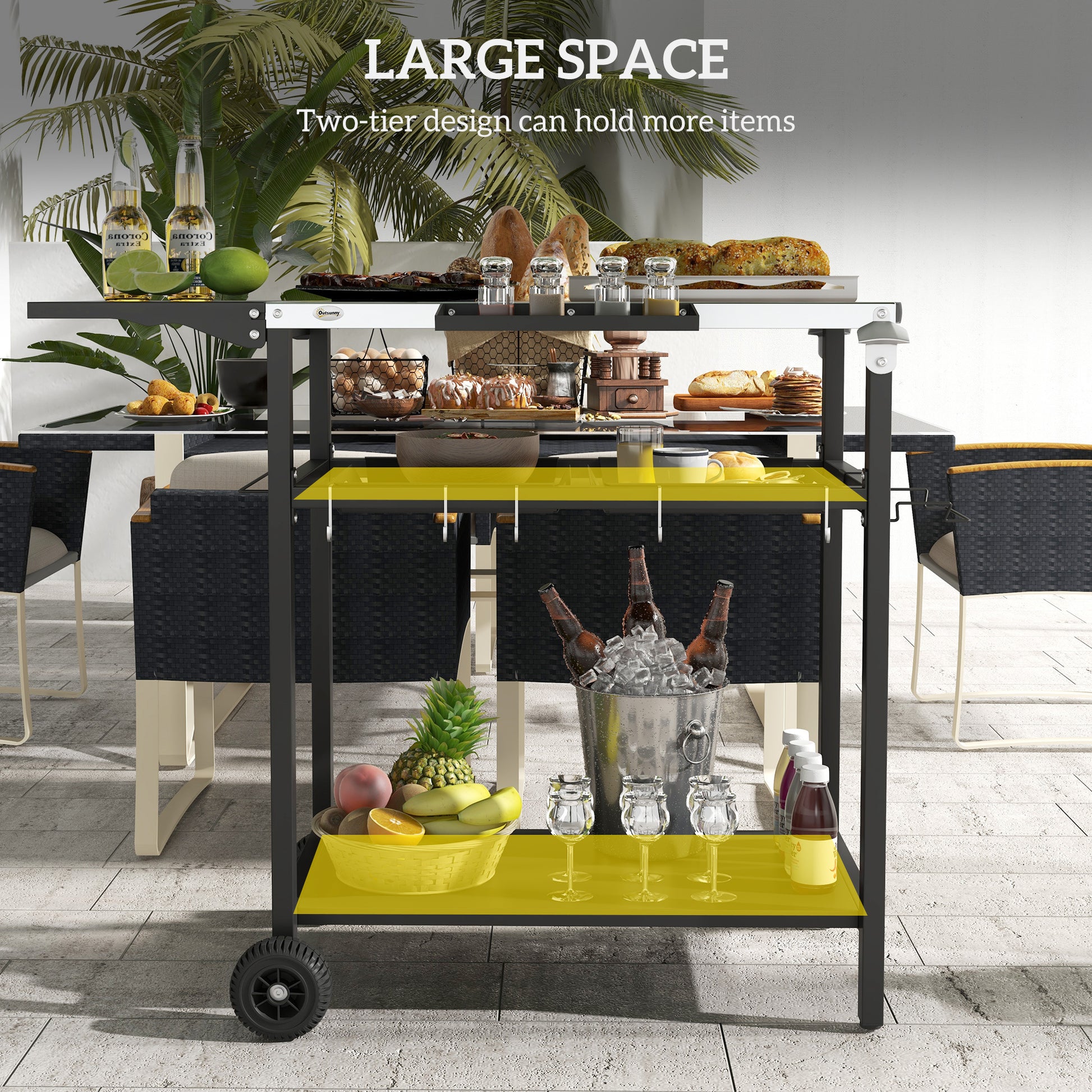 Outsunny Outdoor Bar Cart With Stainless Steel Tabletop, Kitchen Island With Wheels, 2 Tiers & Seasoning Shelf, Patio Serving Cart With Hooks, Towel & Garbage Bag Holder, Plates & Spice Jars, Black Black Steel