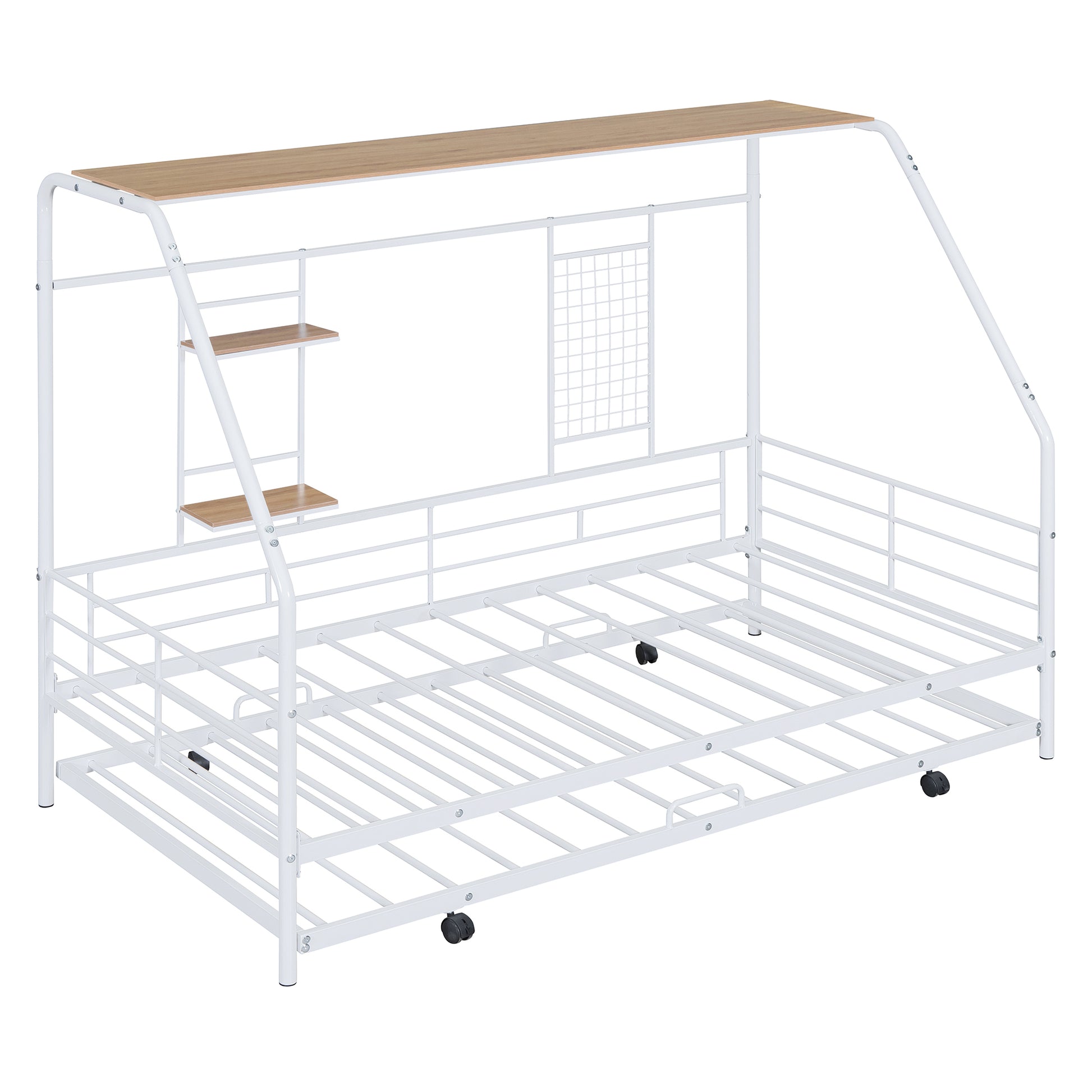 Twin Size Metal House Bed With Trundle, White Twin White Metal