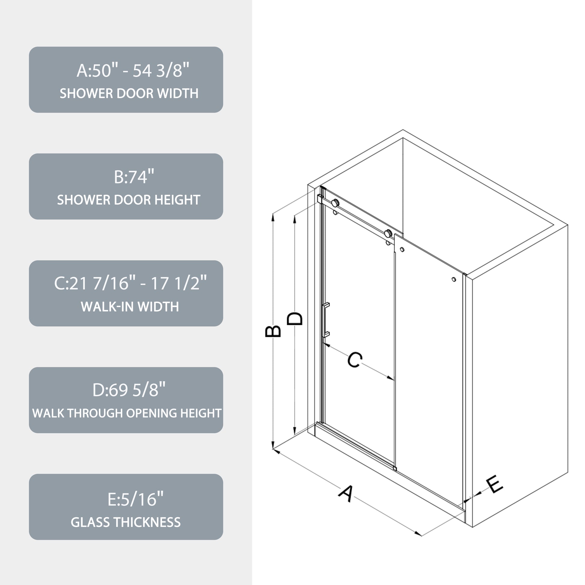 Glass Shower Door, Sliding Door, With 5 16" Tempered Glass And Matted Black Finish 5474 Matte Black Bathroom Aluminium Alloy