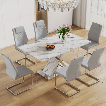 Table And Chair Set, Modern Dining Table, Imitation Marble White Top And Silver Legs, Soft And Comfortable Dining Chair, Perfect For Dinner, Meetings, Home And Office Decor Grey Silver Glass Metal