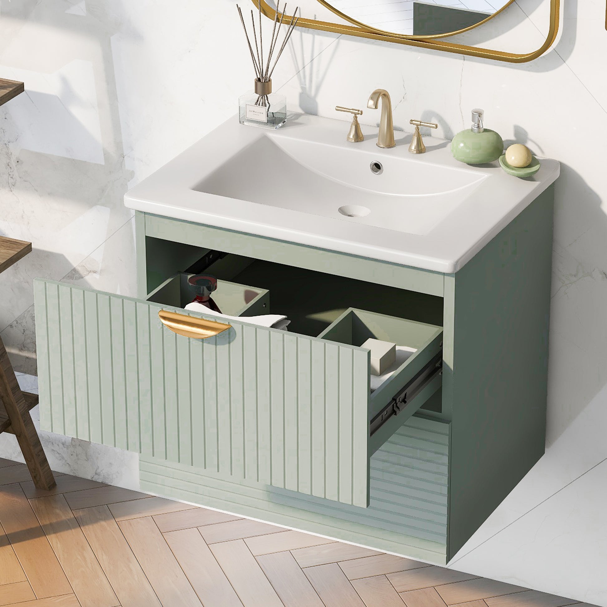 Modern 24 Inch Wall Mounted Bathroom Vanity With 2 Drawers, Green Ideal For Small Bathrooms Green Bathroom Mdf