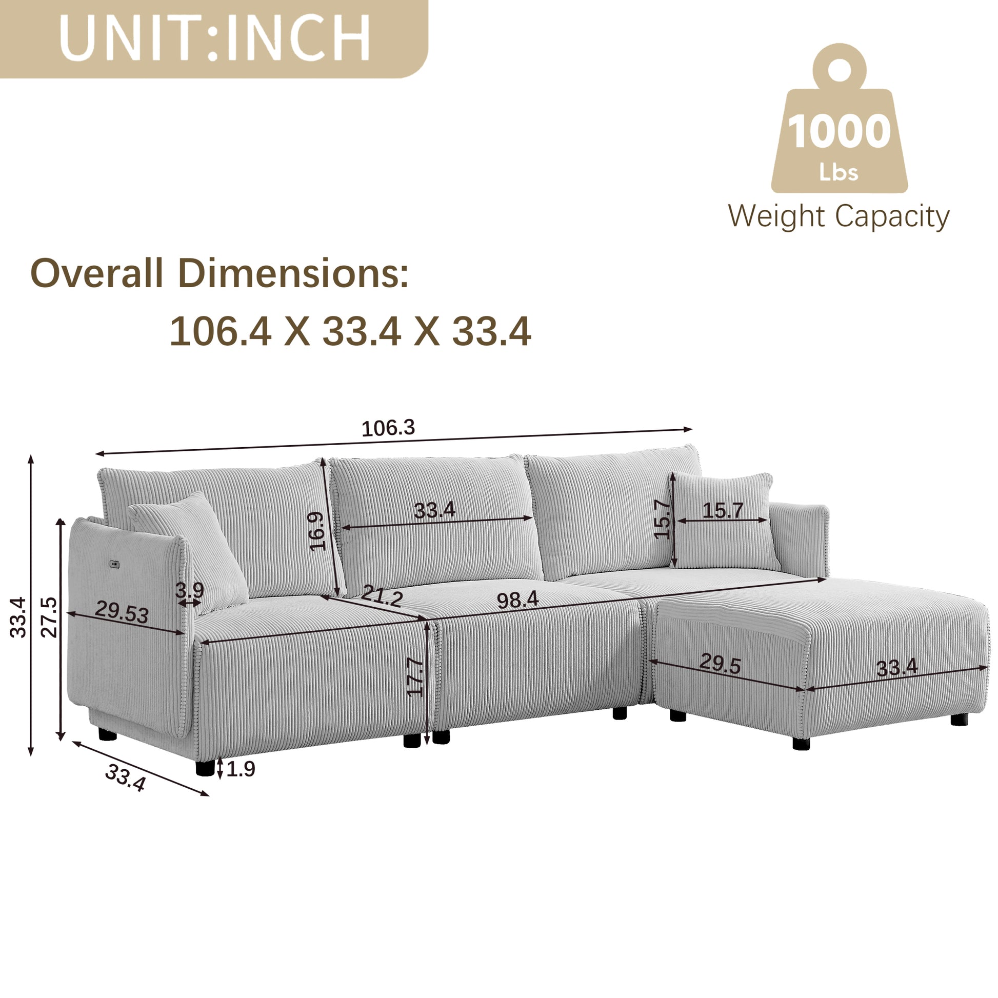 Multi Module Combination Style Sofa For Living Room, Bedroom And Other Lounge Spaces, Modern Minimalist Corduroy Combination Sofa With 2 Comfort Cushions With Usb & C Charging Ports,Gray,Two Sets Gray Foam Fabric 8 Seat