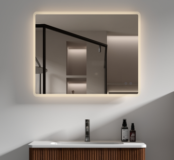 24" W X30 " H Modern Wall Mounted Led Backlit Anti Fog Rounded Rectangular Bathroom Mirror With Us Standard Plug, Temperature Adjustable And Memory Function Touch Switch White Glass