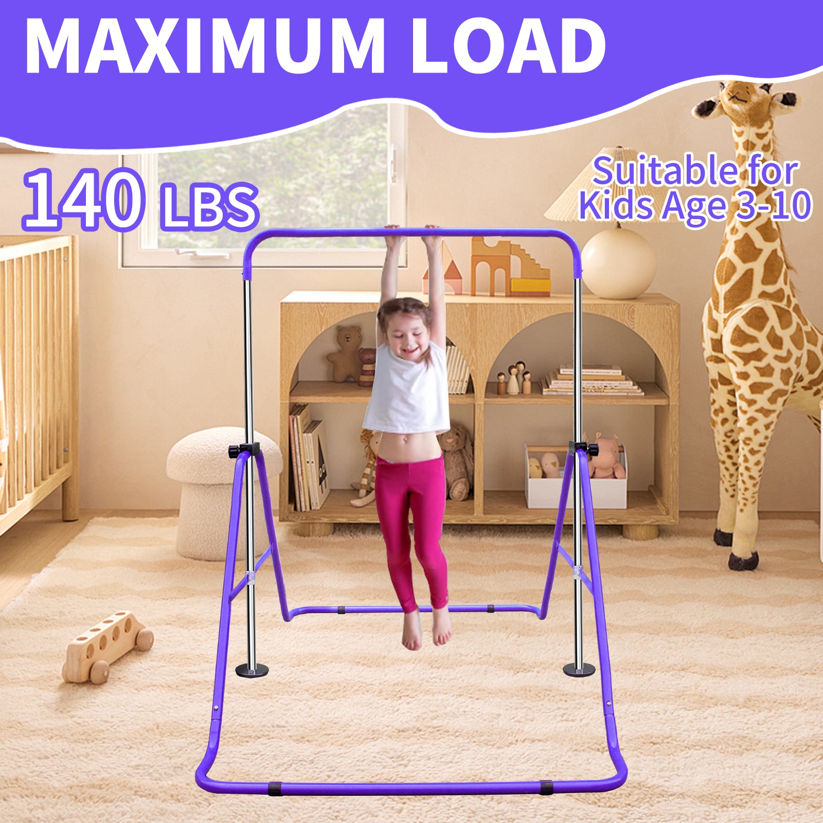 Expandable Gymnastics Bar For Kids Height Adjustable Junior Training Bar For Home, Folding Gymnastic Horizontal Bars Equipment Purple Indoor Fitness Purple Iron